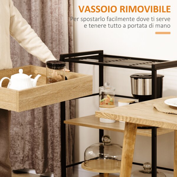 HOMCOM Carrello da Cucina a 3 Ripiani con Vassoio Rimovibile e Ruote Girevoli, in Stile Industriale 72x40x86cm, Legno e Nero | Aosom