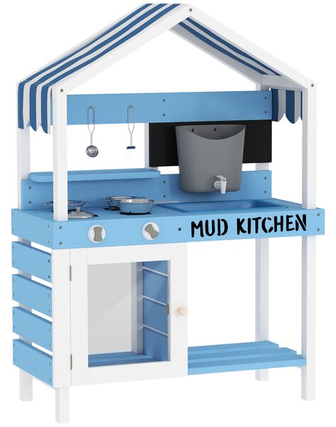 AIYAPLAY Cucina da gioco da esterno per bambini con tettuccio parasole, set di pentole, legno massiccio, Blu | Aosom Italy