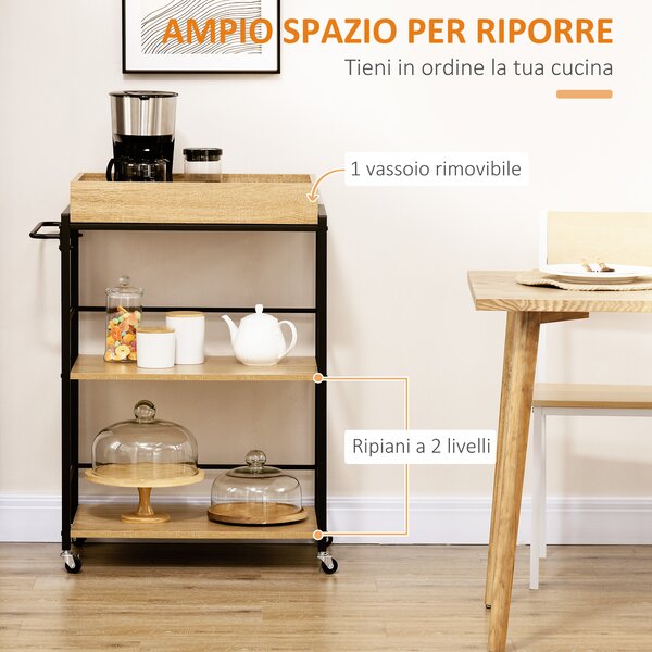 HOMCOM Carrello da Cucina a 3 Ripiani con Vassoio Rimovibile e Ruote Girevoli, in Stile Industriale 72x40x86cm, Legno e Nero | Aosom