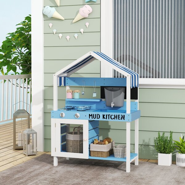 AIYAPLAY Cucina da gioco da esterno per bambini con tettuccio parasole, set di pentole, legno massiccio, Blu | Aosom Italy