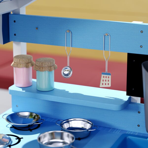 AIYAPLAY Cucina da gioco da esterno per bambini con tettuccio parasole, set di pentole, legno massiccio, Blu | Aosom Italy