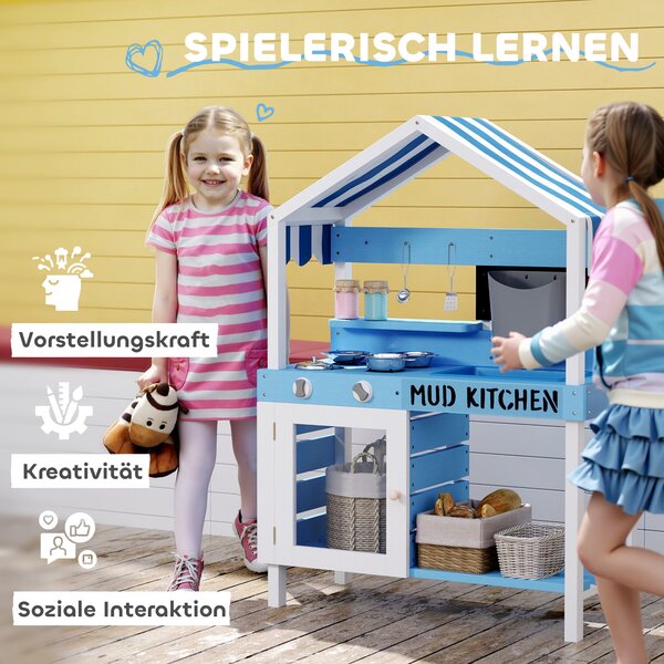 AIYAPLAY Cucina da gioco da esterno per bambini con tettuccio parasole, set di pentole, legno massiccio, Blu | Aosom Italy