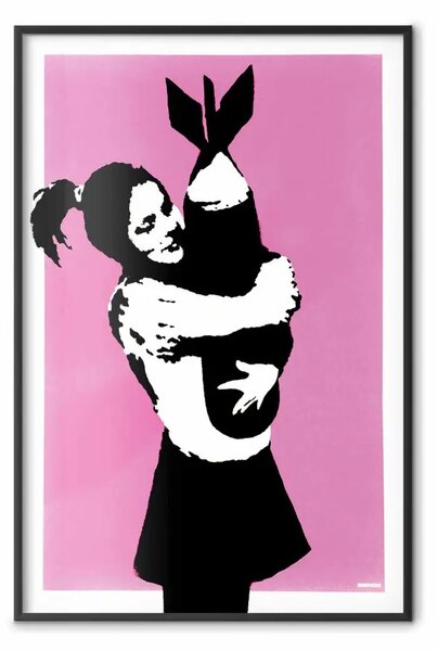 Poster: Abbraccio bomba - ragazza con bomba su sfondo rosa, stile Banksy