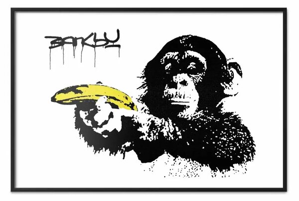 Poster: Scimmia con banana - animale nero con frutto giallo su sfondo bianco
