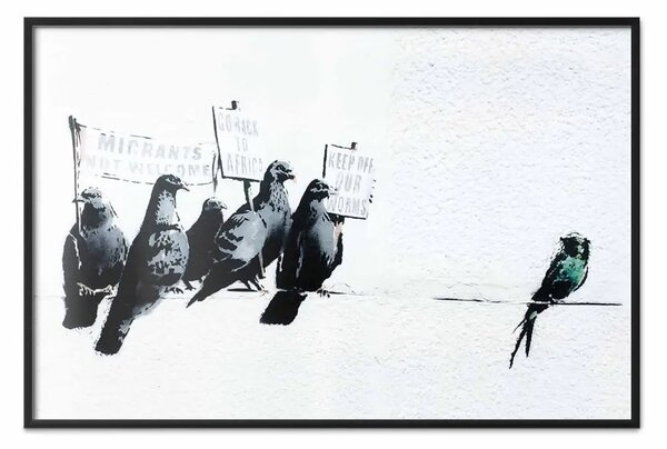 Poster: Colombi xenofobi - uccelli neri con cartelli con scritte
