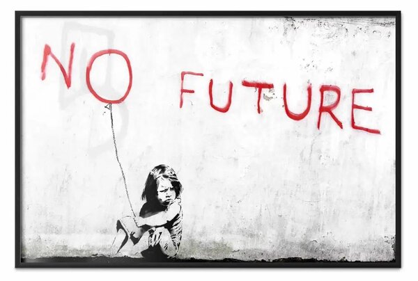 Poster: Senza futuro - mural di ragazza in bianco e nero e scritte rosse