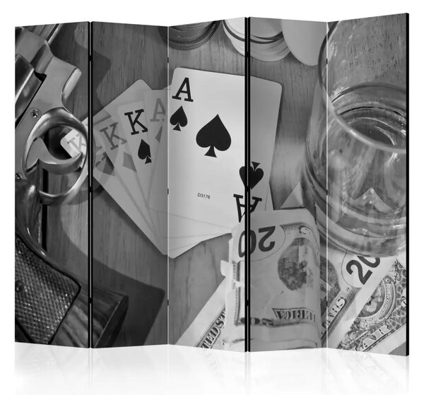 Paravento separè Carte: in bianco e nero II - alcol in bicchiere e poker