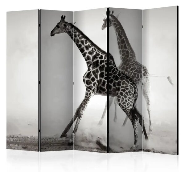 Paravento Giraffe II - scena in bianco e nero con giraffe nella nebbia