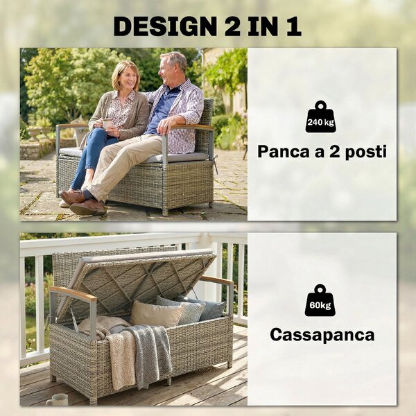 Outsunny Panca Giardino 170L, 2 Posti Rattan con Cuscino, Grigio Chiaro | Aosom Italy