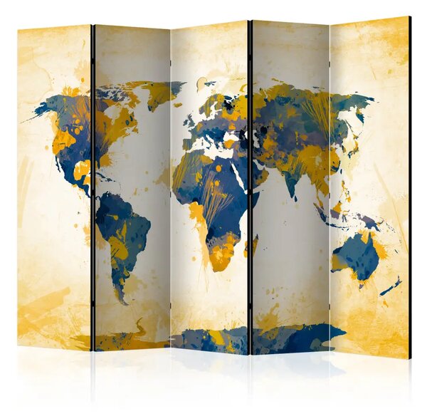 Paravento design Mappa del mondo - Sole e cielo II - mappa del mondo in giallo