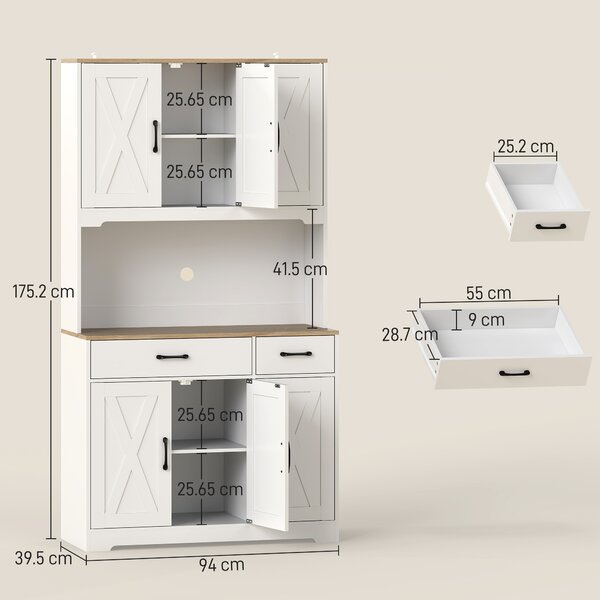 HOMCOM Credenza da cucina con 6 ante, 2 cassetti, piano di lavoro e ripiani regolabili 94x39,5x175,2cm Bianco | Aosom Italy