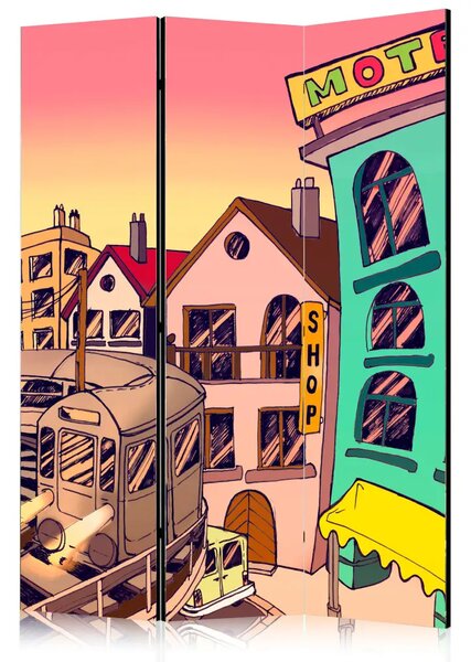 Paravento separè Mattina in città - architettura cartoonesca colorata