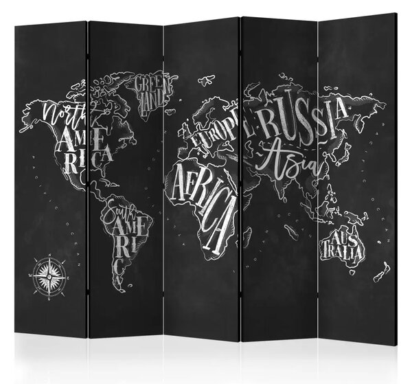 Paravento design Continenti retrò nero II - mappa del mondo e scritte