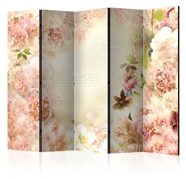 Paravento separè Profumo primaverile II - collage romantico di rose e scritte