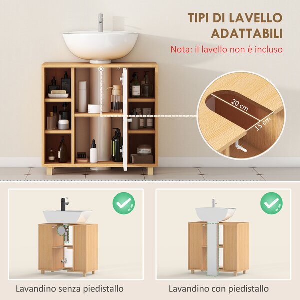 HOMCOM Mobile Sottolavabo Bagno con Armadietto a 2 Ante Soft-Close e 6 Ripiani Aperti, 60x33x57cm, Bianco | Aosom Italy