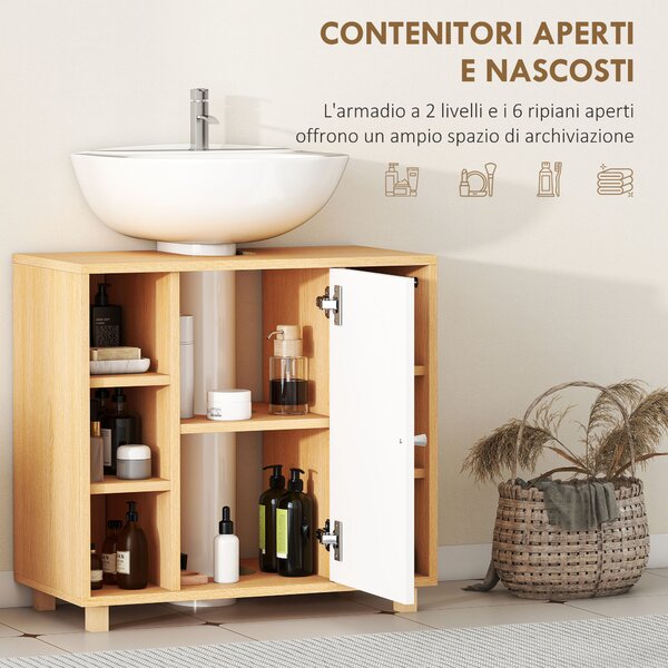 HOMCOM Mobile Sottolavabo Bagno con Armadietto a 2 Ante Soft-Close e 6 Ripiani Aperti, 60x33x57cm, Bianco | Aosom Italy