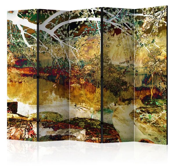 Paravento design Fiume della vita II - paesaggio astratto con fiume dorato