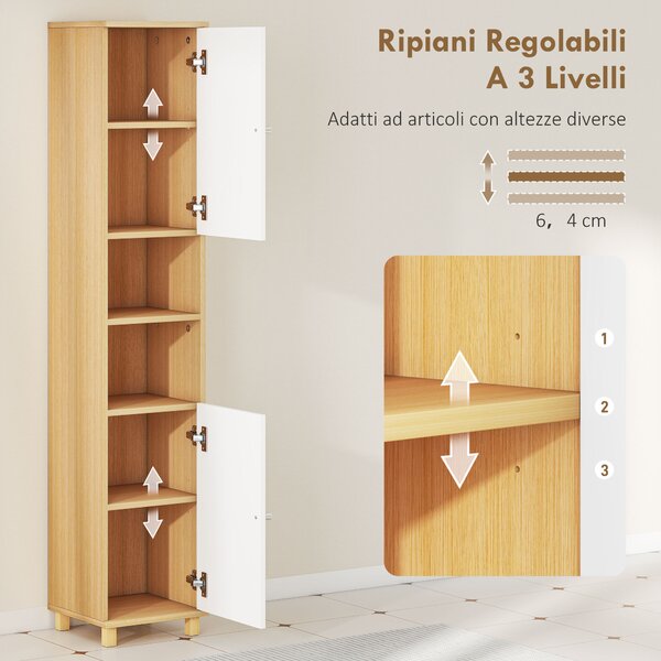 HOMCOM Colonna Bagno con 2 Armadietti e Ripiani Aperti, Mensole Interne Regolabili, 30x30x166 cm, Bianco e Legno | Aosom Italy