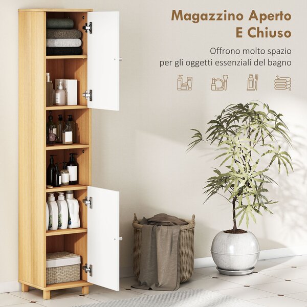 HOMCOM Colonna Bagno con 2 Armadietti e Ripiani Aperti, Mensole Interne Regolabili, 30x30x166 cm, Bianco e Legno | Aosom Italy