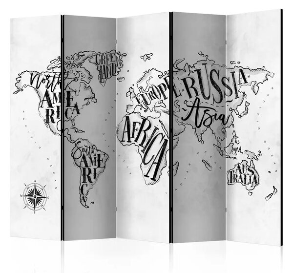 Paravento separè Retro Continents Gray II - mappa del mondo in bianco e nero