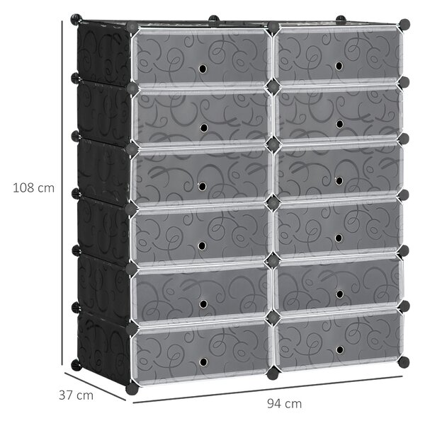 HOMCOM Mobile Scarpiera Modulare Salvaspazio, 12 Cubi 45x35x16cm in Plastica PP e Acciaio, 94x37x108cm, Nero e Bianco|Aosom
