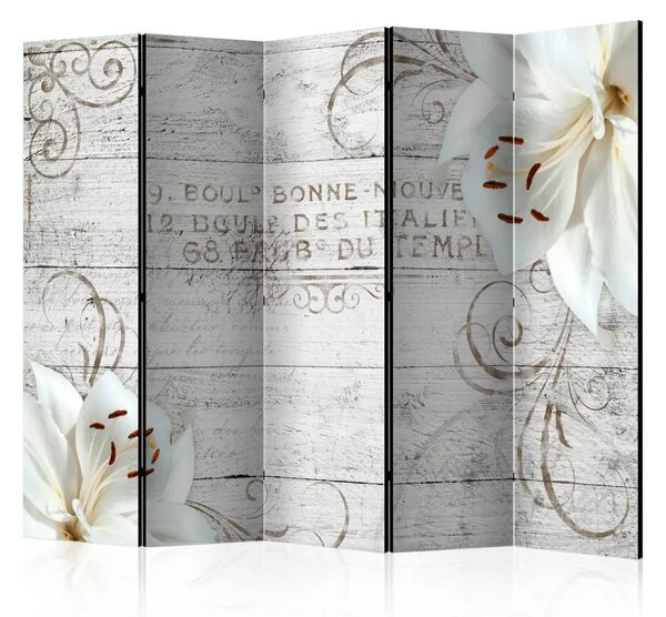 Paravento design Bonne Nouvelle II - collage su legno con fiori e scritte