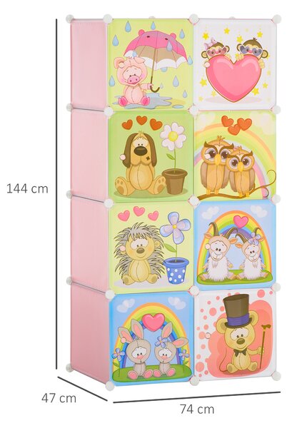 HOMCOM Mobile Scarpiera Modulare Salvaspazio con Disegni Animali per Interni, 8 Cubi 35x45x35cm in Plastica PP e Acciaio, 74x47x144cm, Rosa|Aosom
