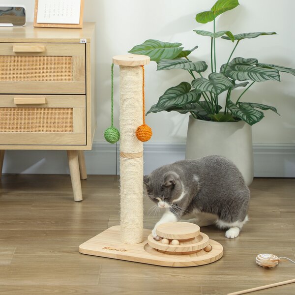 PawHut Palo Tiragraffi per Gatti Altezza 56,5 cm con 3 Palline Appese Legno Naturale | Aosom Italy