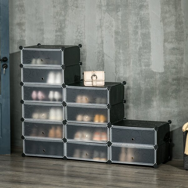 HOMCOM Mobile Scarpiera Modulare Salvaspazio, 12 Cubi 45x35x16cm in Plastica PP e Acciaio, 94x37x108cm, Nero e Bianco|Aosom