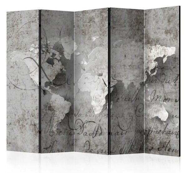 Paravento design Mappa e lettera II - scritte e mappa del mondo in grigio