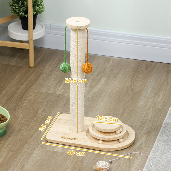 PawHut Palo Tiragraffi per Gatti Altezza 56,5 cm con 3 Palline Appese Legno Naturale | Aosom Italy