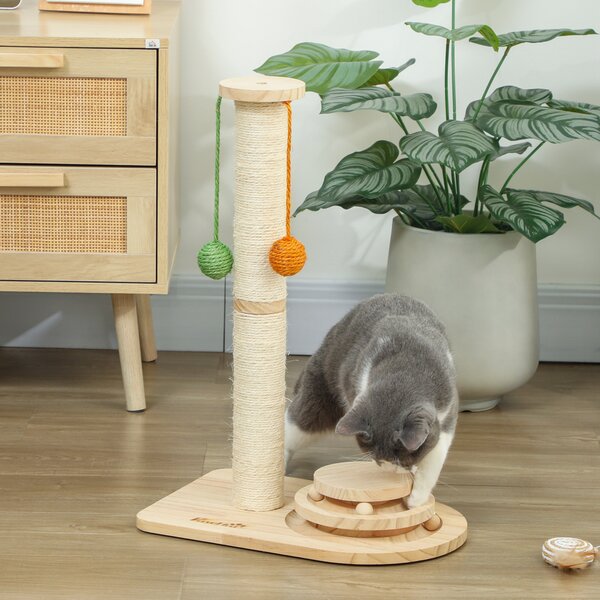 PawHut Palo Tiragraffi per Gatti Altezza 56,5 cm con 3 Palline Appese Legno Naturale | Aosom Italy