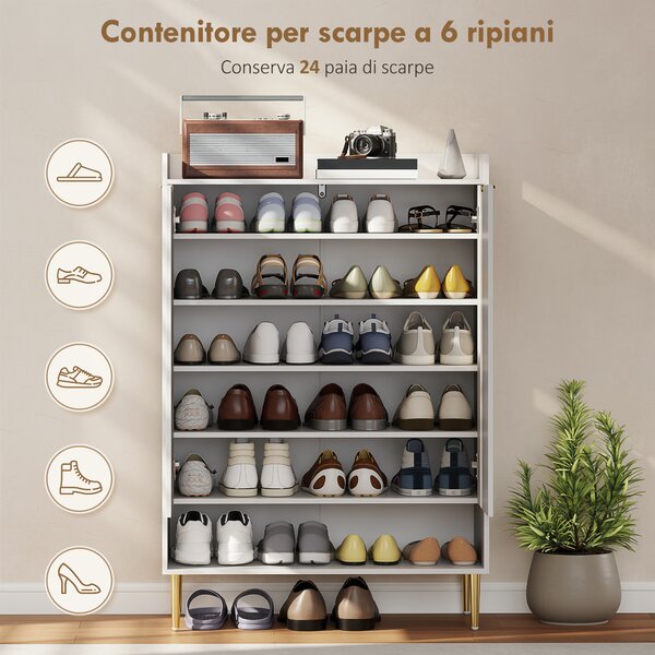 HOMCOM Scarpiera Salvaspazio per 24 Paia di Scarpe con 2 Ante, 3 Ripiani Estraibili e Mensola Inferiore, Bianco | Aosom Italy
