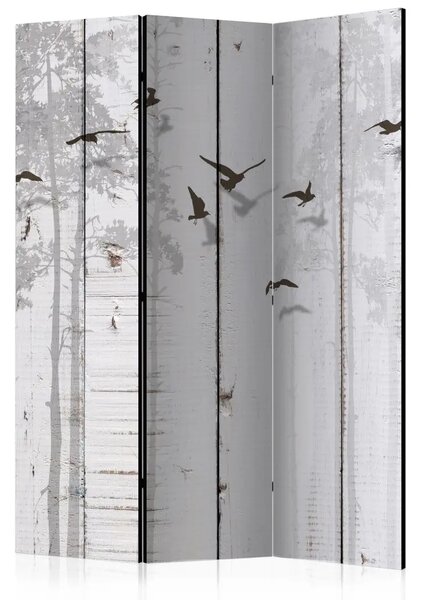 Paravento Uccelli sulle tavole - legno grigio e animali tra gli alberi