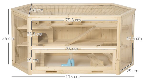 PawHut Casa per Criceti in Legno a 3 Livelli, Casetta per Criceti e Piccoli Roditori con Tetto Apribile e Parete Trasparente, 115x60x55cm|Aosom