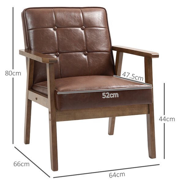 HOMCOM Poltrona in pelle sintetica, schienale capitonné, gambe in legno massiccio, 64x66x80cm, marrone | Aosom Italy