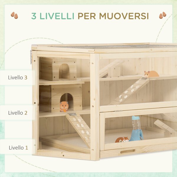 PawHut Casa per Criceti in Legno a 3 Livelli, Casetta per Criceti e Piccoli Roditori con Tetto Apribile e Parete Trasparente, 115x60x55cm|Aosom