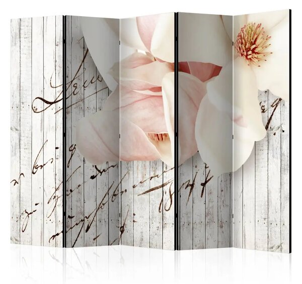 Paravento design Lettera d'amore II - collage romantico di fiori e scritte