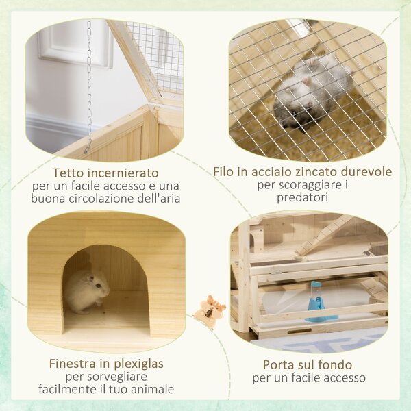 PawHut Casa per Criceti in Legno a 3 Livelli, Casetta per Criceti e Piccoli Roditori con Tetto Apribile e Parete Trasparente, 115x60x55cm|Aosom