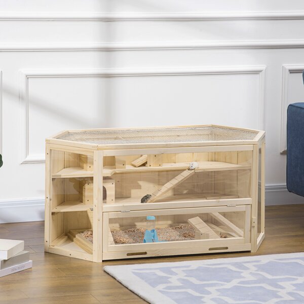PawHut Casa per Criceti in Legno a 3 Livelli, Casetta per Criceti e Piccoli Roditori con Tetto Apribile e Parete Trasparente, 115x60x55cm|Aosom