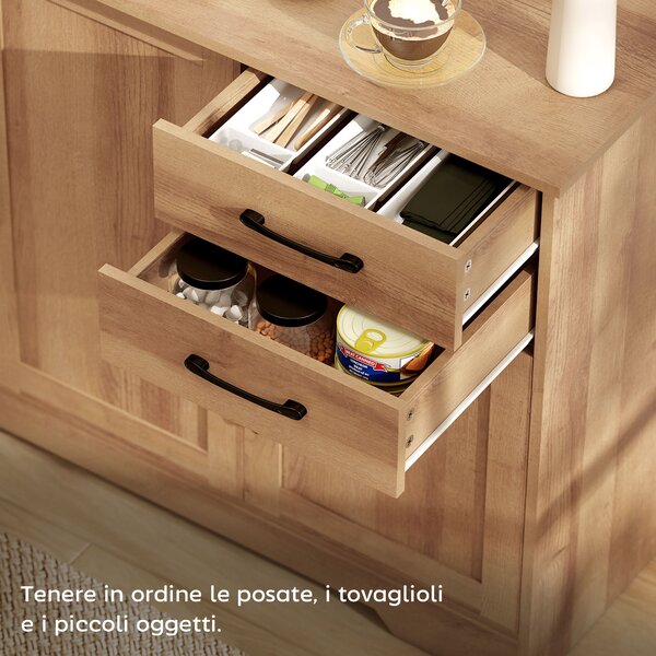 HOMCOM Mobile Cucina con 2 Cassetti e 3 Armadietti, Ripiani Regolabili, 120x38x79 cm, Rovere | Aosom Italy