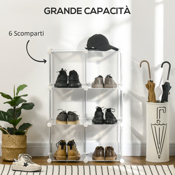 HOMCOM Mobile Scarpiera Modulare Salvaspazio, 6 Cubi in Plastica PP, 94.5x32x162 cm, Trasparente|Aosom