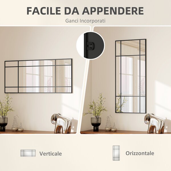 HOMCOM Specchio da Parete Stile Finestra con Montaggio Verticale e Orizzontale, 110x50cm, Nero | Aosom Italy