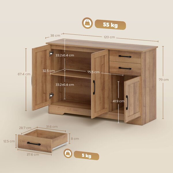 HOMCOM Mobile Cucina con 2 Cassetti e 3 Armadietti, Ripiani Regolabili, 120x38x79 cm, Rovere | Aosom Italy