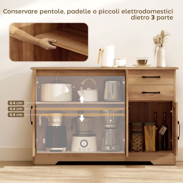 HOMCOM Mobile Cucina con 2 Cassetti e 3 Armadietti, Ripiani Regolabili, 120x38x79 cm, Rovere | Aosom Italy
