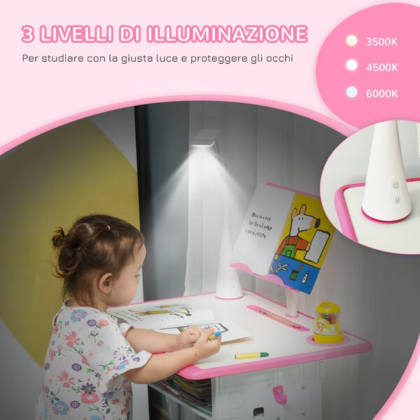 HOMCOM Banco Scuola con Sedia per Bambini 6-12 Anni Altezza Regolabile, Lampada LED, Leggio e Portapenne, Acciaio e MDF, Rosa|Aosom