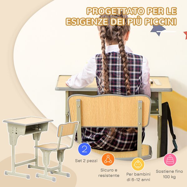 HOMCOM Banco Scuola con Sedia per Bambini 6-12 Anni Altezza Regolabile, Vano Contenitore e Portapenne, Acciaio e MDF, Color Legno|Aosom