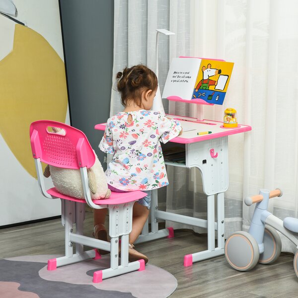 HOMCOM Banco Scuola con Sedia per Bambini 6-12 Anni Altezza Regolabile, Lampada LED, Leggio e Portapenne, Acciaio e MDF, Rosa|Aosom