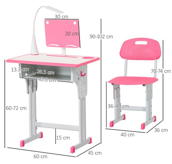 HOMCOM Banco Scuola con Sedia per Bambini 6-12 Anni Altezza Regolabile, Lampada LED, Leggio e Portapenne, Acciaio e MDF, Rosa|Aosom