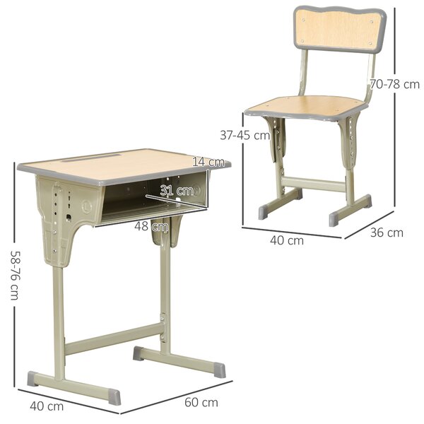 HOMCOM Banco Scuola con Sedia per Bambini 6-12 Anni Altezza Regolabile, Vano Contenitore e Portapenne, Acciaio e MDF, Color Legno|Aosom